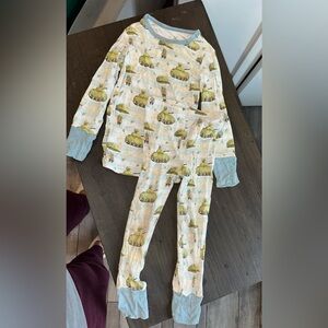 Little Snuggles Bamboo Kids Pajamas with Green Blue Accents Teddy Bear Army Tank